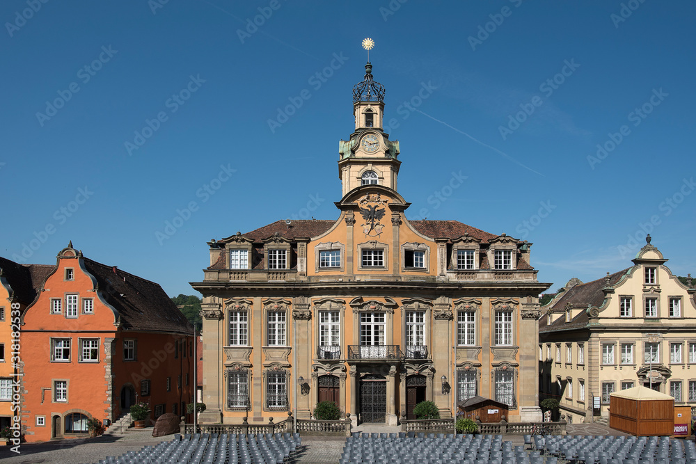 Schwäbisch Hall, Germany - July 25, 2019; Town hall on the market square on the touristic town Schwäbisch Hall, on the romantic road in Bavaria