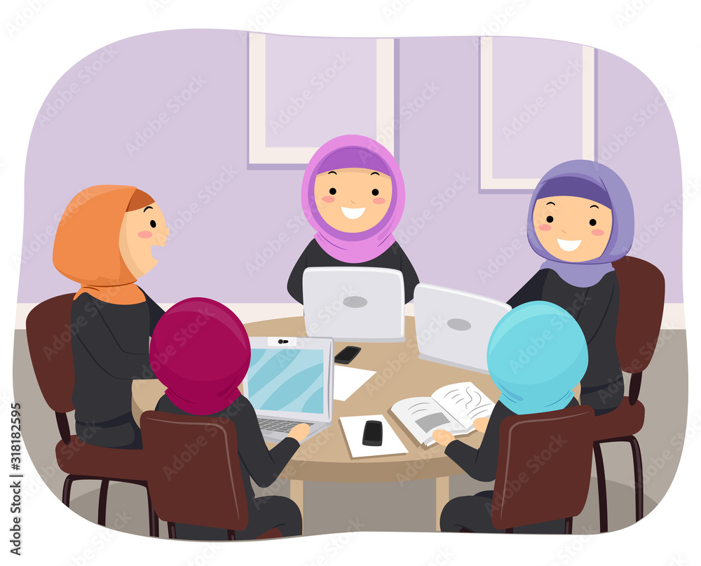 Teens Girls Qatar Group Study Illustration Teens Girls Qatar Group Study Illustration