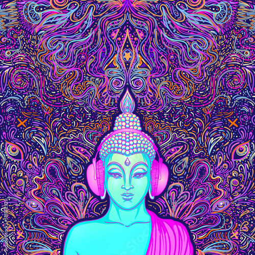 Sitting Buddha over colorful neon background. Vector illustration. Psychedelic mushroom composition. 