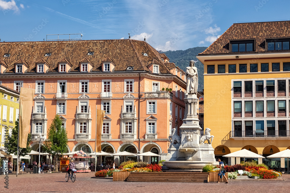 Statue of Walther Von der Vogelweide in Bolzano, South Tyrol, Italy