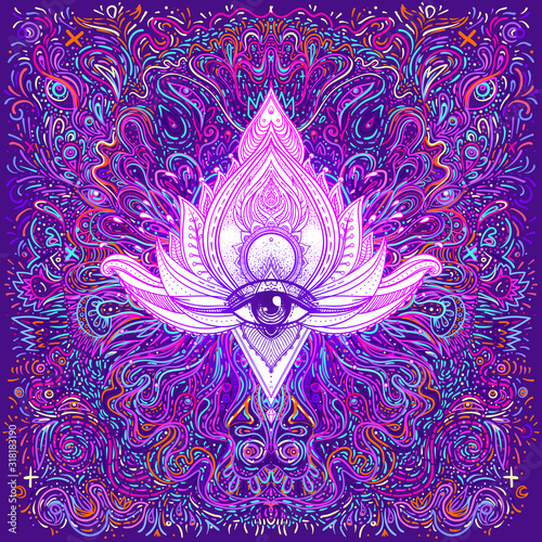 Hypnotic shamanic acid seamless pattern. Hand drawn design in ethnic Indian style. Mystic abstract background, hippie and boho texture. Occult and tribal fusion vector trippy wallpaper.