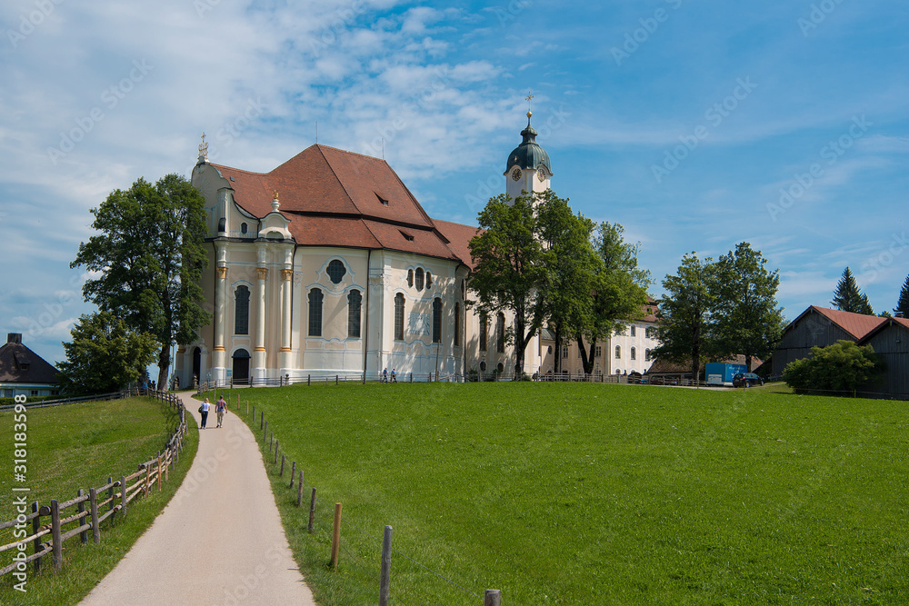 Wies, Germany - July 19, 2019; Pilgrimage church Wieskirche a Unesco building and a popular tourist atraction on the romantic road in Bavaria