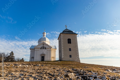Holy Hill  Svaty Kopecek  with Saint Sebastian chapel. Mikulov  South Moravian region. Czech Republic.