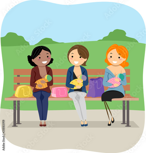 Girls Moms Baby Public Breastfeeding Illustration