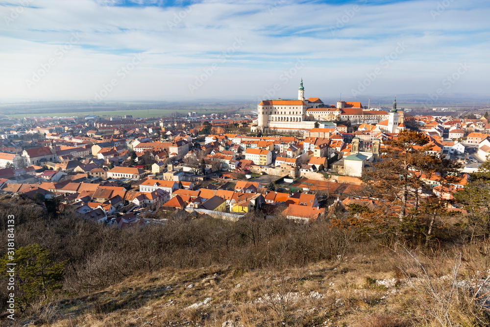 Historical medieval city center with Mikulov castle. South Moravian region, Czech Republic.