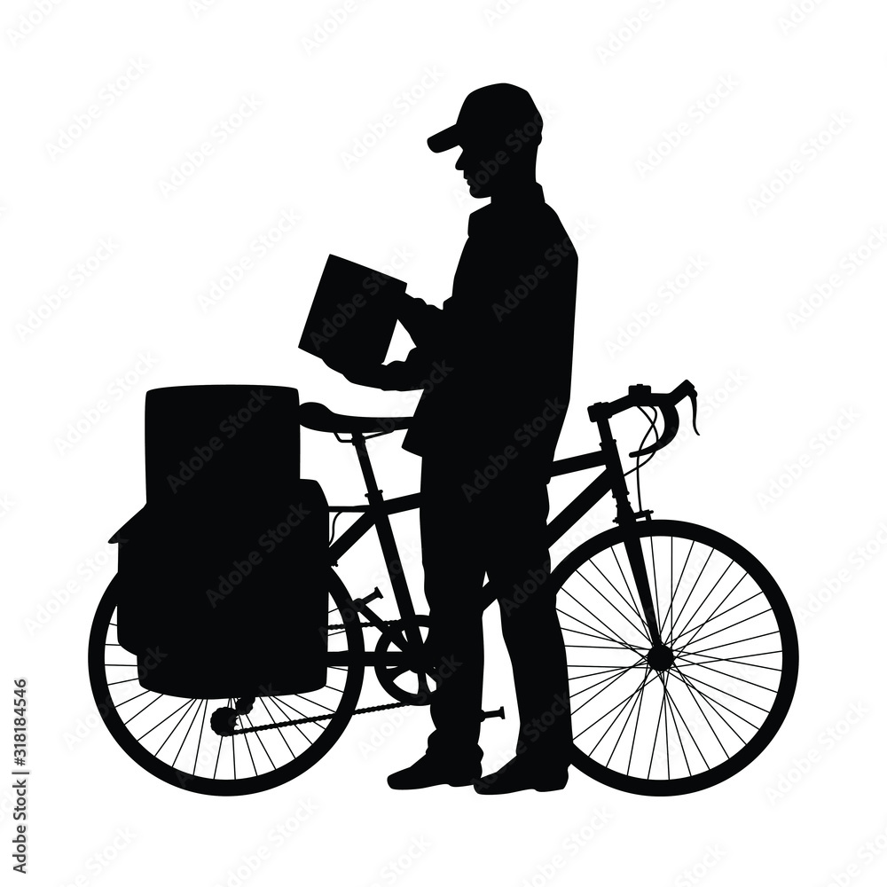Postman with his bike silhouette vector Postman with his bike silhouette vector