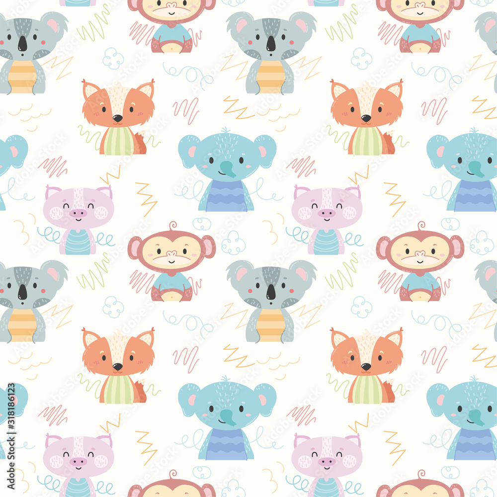 Vector seamless pattern with cute animals for newborns and children.
