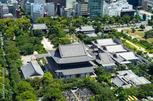 Aerial view of Zojoji temple from the Tokyo Tower observatory, Japan