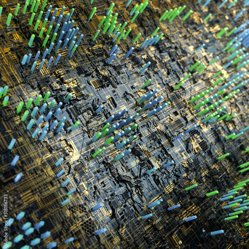 Circuit board futuristic server code processing. Multicolor technology background. 3d rendering