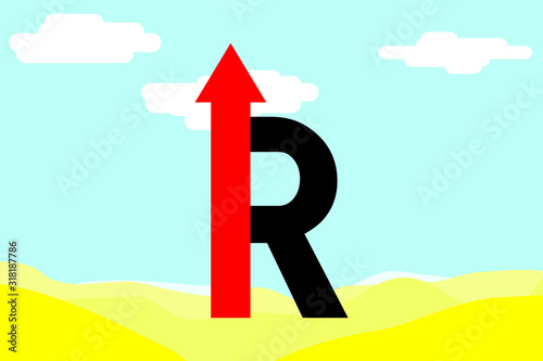 Illustration depicting a South African Rand sign with a stylized arrow pointing upward soaring up from the desert. Concept - the exchange rate of the national currency is growing.