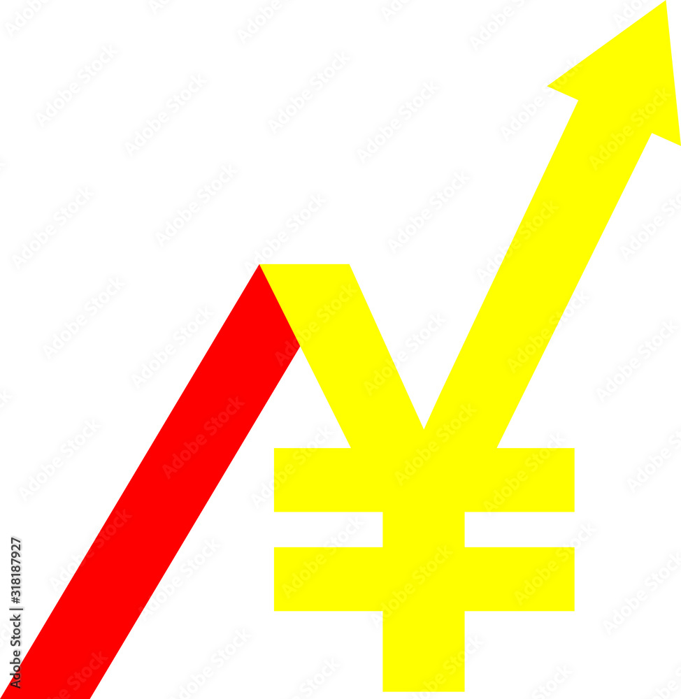 Illustration depicting the yen sign with a stylized arrow pointing up on a white background. Concept - the exchange rate of the national currency is growing. Illustration depicting the yen sign with a stylized arrow pointing up on a white background. Concept - the exchange rate of the national currency is growing.