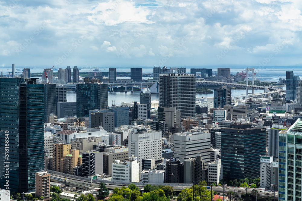 Tokyo cityscape viewed from the Tokyo Tower. In the background is possible to see Rainbow Bridge, Odaiba and Tokyo Bay
