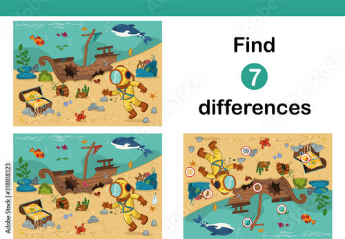 Find 7 differences education game for kids. Diver with pirate chest in cartoon style. Vector illustration.