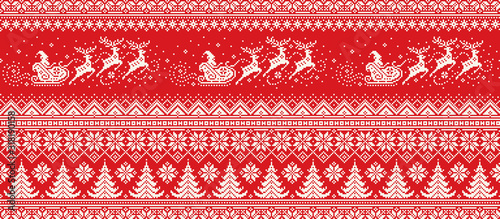 Santa Claus Rides Reindeer Sleigh Silhouette. Christmas Pixel Pattern. Traditional Nordic Seamless Striped Ornament. Scheme for Knitted Sweater Pattern Design or Cross Stitch Embroidery