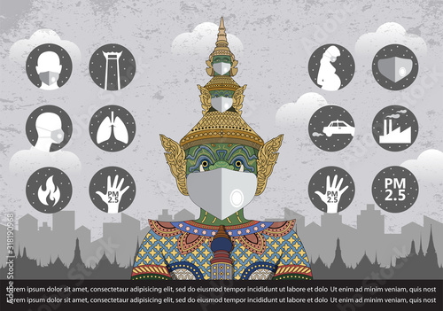 Vector Illustration of bad air pollution,PM 2.5 dust in Bangkok Thailand and pollution icon set 