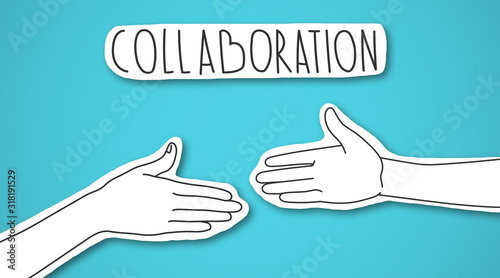 Tableau sur toile Two arms stretching towards each other under collaboration lettering