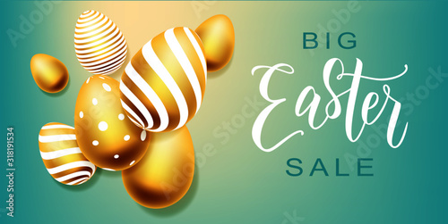 Happy Easter hand lettering with gold realistic looking ester eggs. Vector typography. Quote as Pascha logo, promotion, poster, flyer, article, postcard, web-banner, invitation template.