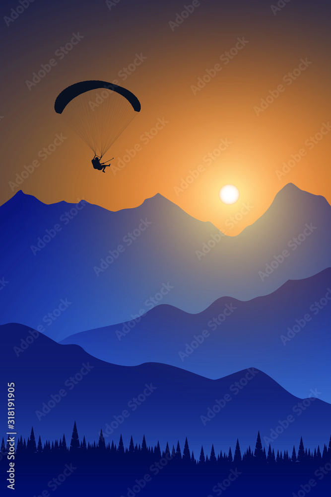 Φωτογραφία Silhouette of flying paraglider take a selfie with action camera above the high mountains in a light of sunrise