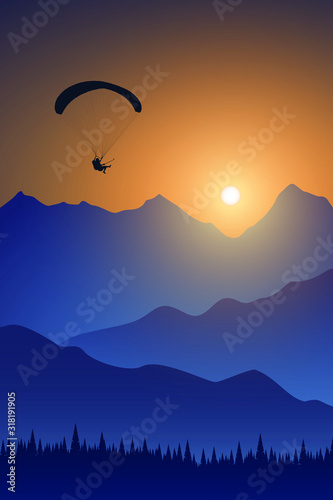 Silhouette of flying paraglider take a selfie with action camera above the high mountains in a light of sunrise. Vector illustration, EPS 10.