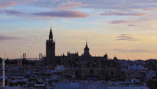 Panoramic view of Seville, Spain city and Old Quarter skyline in a sunset sky scene