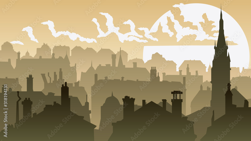 Horizontal illustration of the downtown part of the city at sunset.