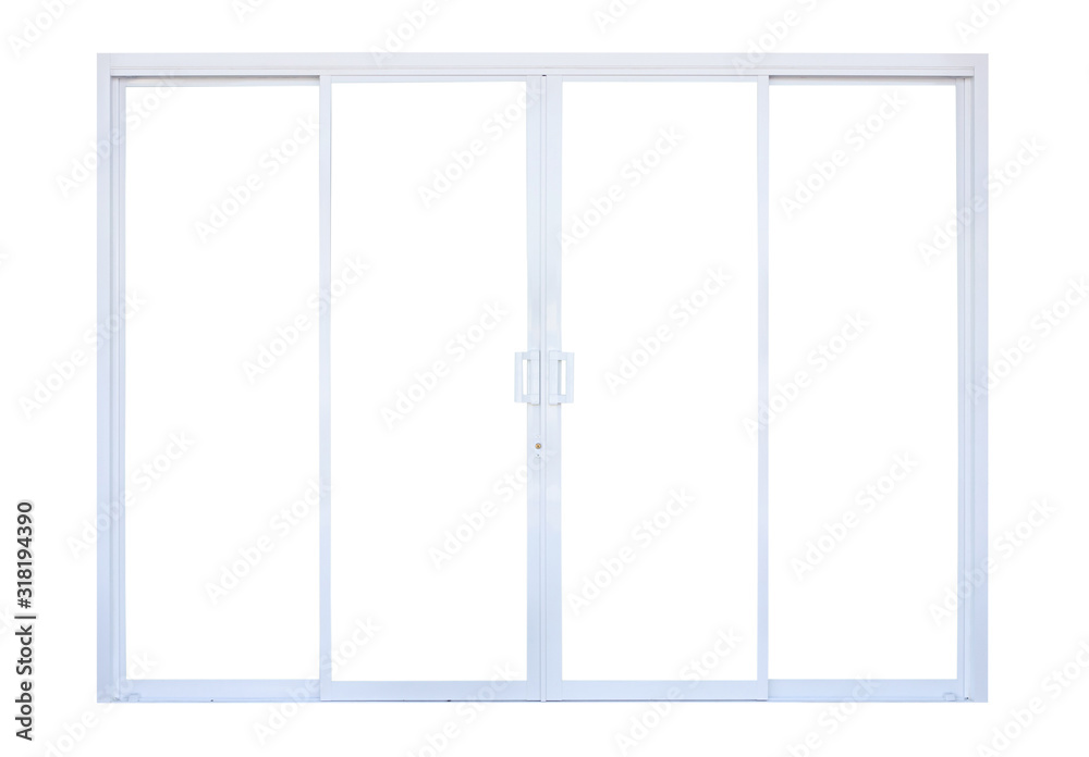 White modern double glass door window frame front store isolated on white background White modern double glass door window frame front store isolated on white background