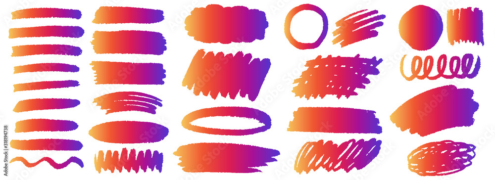 Hand drawn instagram gradient line, circle vector set.	