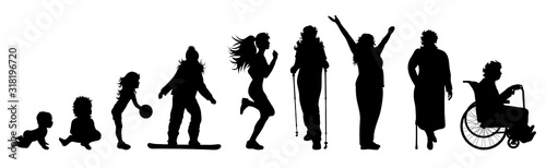 Vector silhouette of woman in different age on white background. Symbol of generation from child to old person.