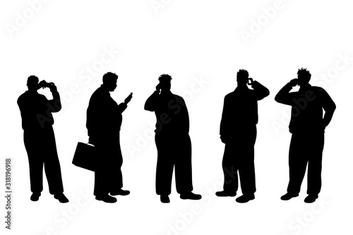 Vector silhouette of obese middle age men on white background. Symbol of businessman with cell phone in different pose.