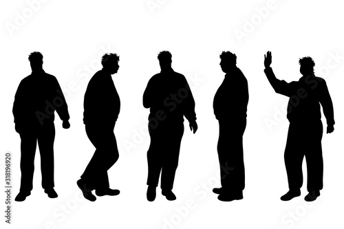 Vector silhouette of obese middle age men on white background. Symbol of person in different pose.