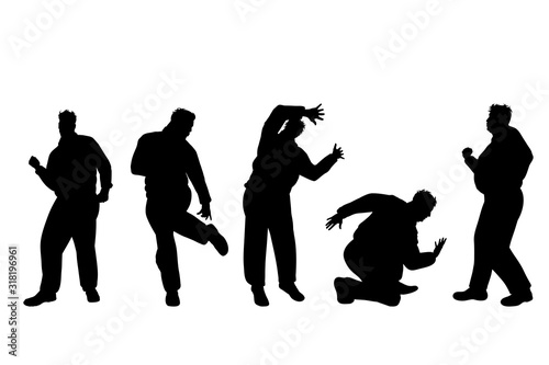 Vector silhouette of obese middle age men on white background. Symbol of person in different pose.
