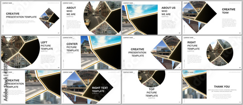 Presentation design vector templates, multipurpose template for presentation slide, flyer, brochure cover design. Abstract black and golden project with clipping mask, geometric shapes for your photo.