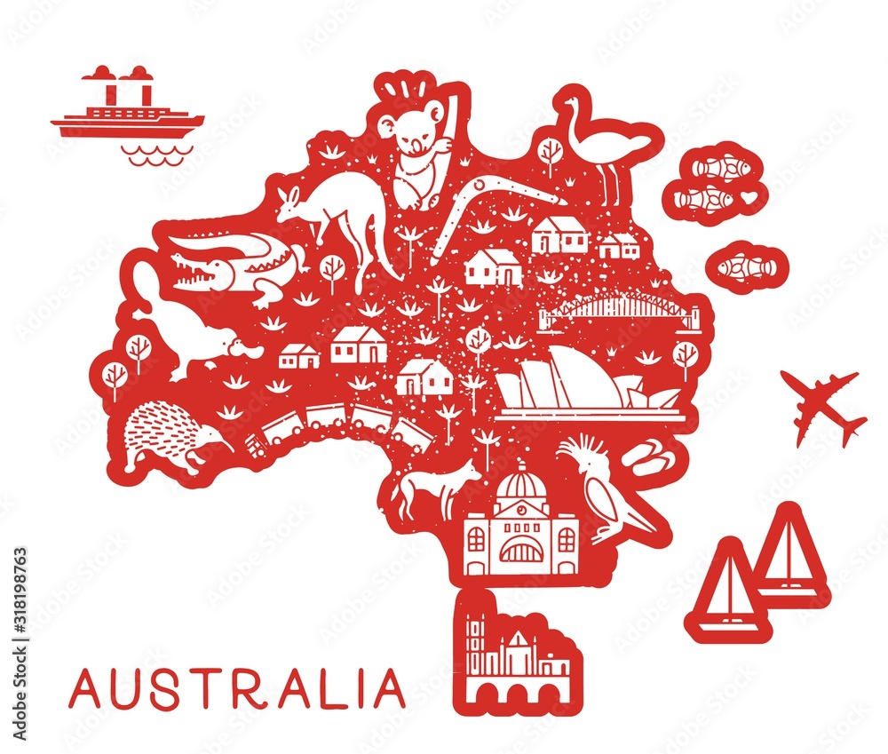 Australia Travel Line Icons Map. Travel Poster with animals and sightseeing attractions.