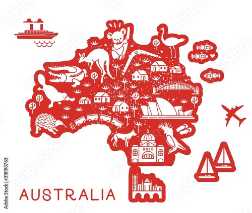 Australia Travel Line Icons Map. Travel Poster with animals and sightseeing attractions. photo