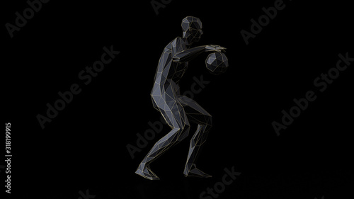 3d render minimalist low poly basketball player with thin gold line on black background. © Ivan