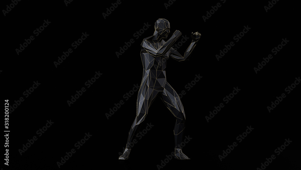 3d render minimalist low poly boxer with thin gold line on black background. 3d render minimalist low poly boxer with thin gold line on black background.