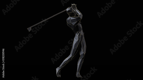 3d render minimalist low poly golf player with thin gold line on black background.