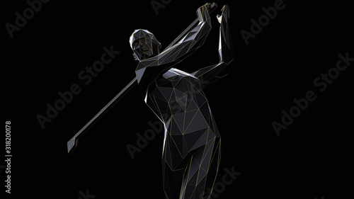 3d render minimalist low poly golf player with thin gold line on black background.