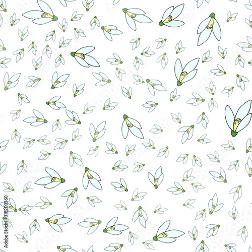 Seamless background with snowdrops. Hand drawn spring sketching flowers. Vector illustration on a white background. Perfect for invitations, cards, prints, flyers, posters.