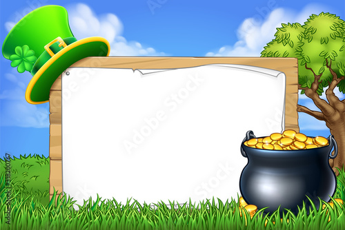 A St Patricks day sign with leprechaun hat and a pot of gold