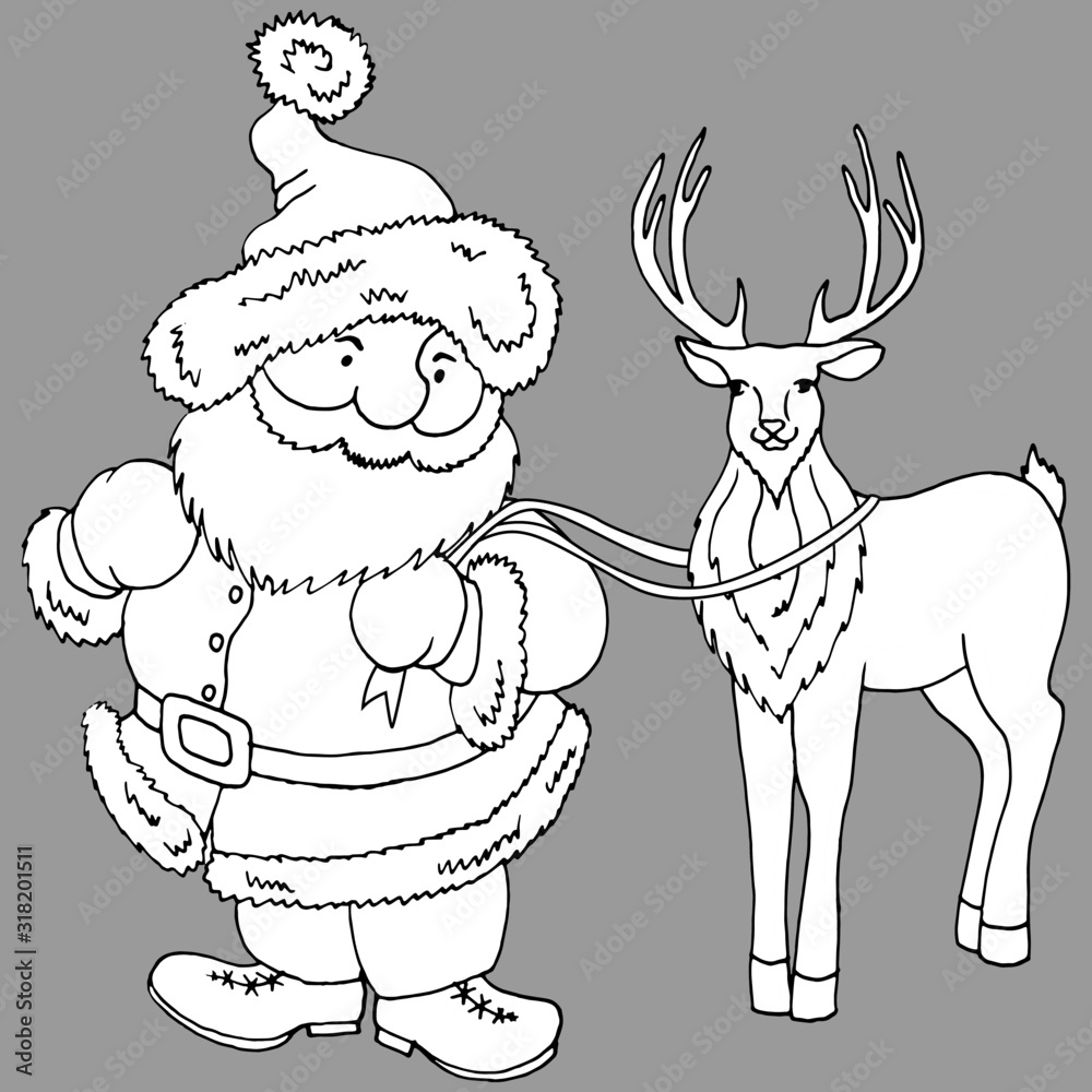 Obraz premium black and white linear drawing, santa claus and deer, isolate on a white background