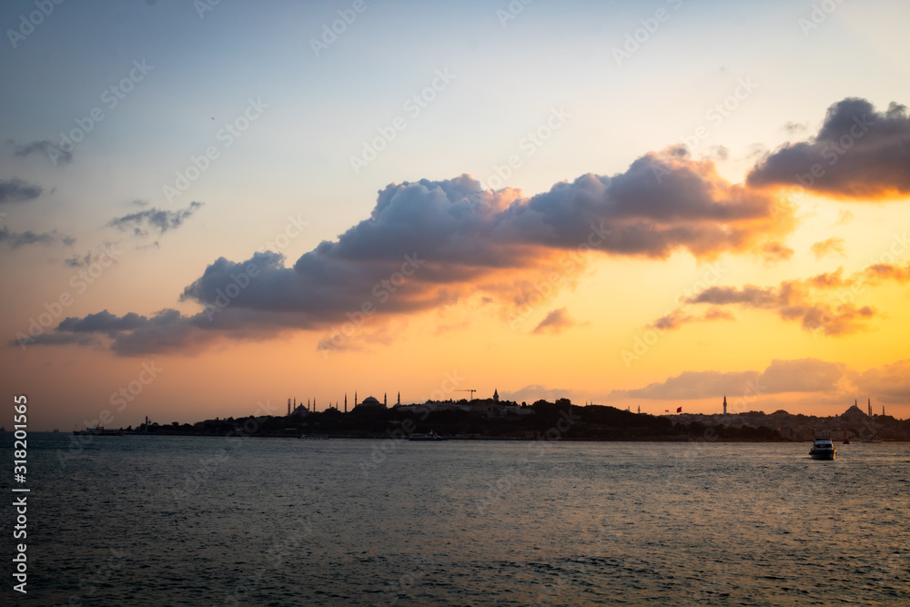 Silhouette of Istanbul with Clouds at sunset