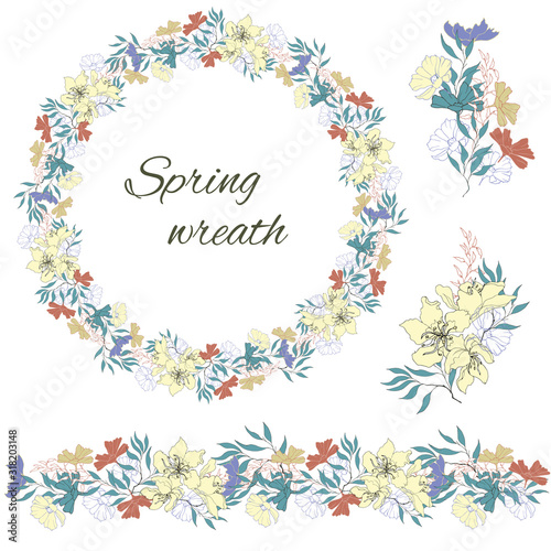 Set of wreath and flower bouquets on a white background. Vector spring flowers in vintage style.