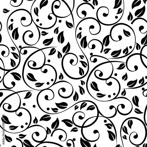 seamless pattern in black and white with curls and plant elements