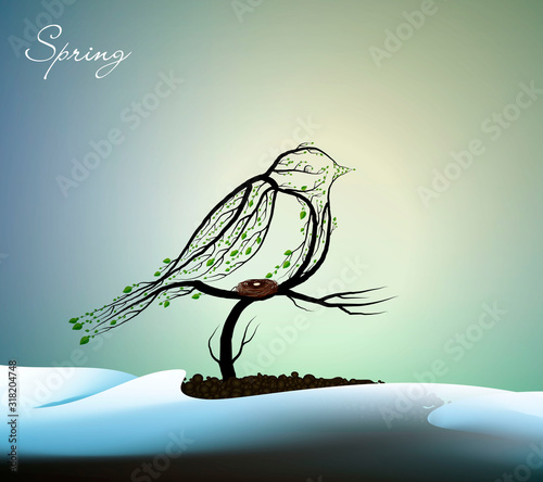 sring bird creative concept, titmouse looks like tree with nest growing on soil between the snowdrift, eco production,