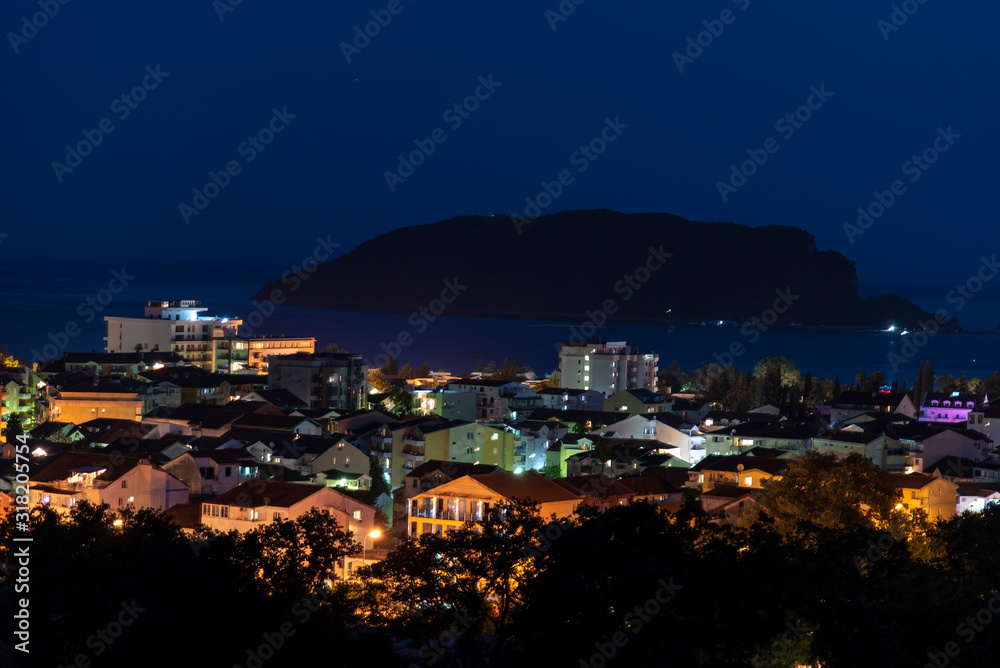 Night Cityscape View Of Budva City in Monte negro.