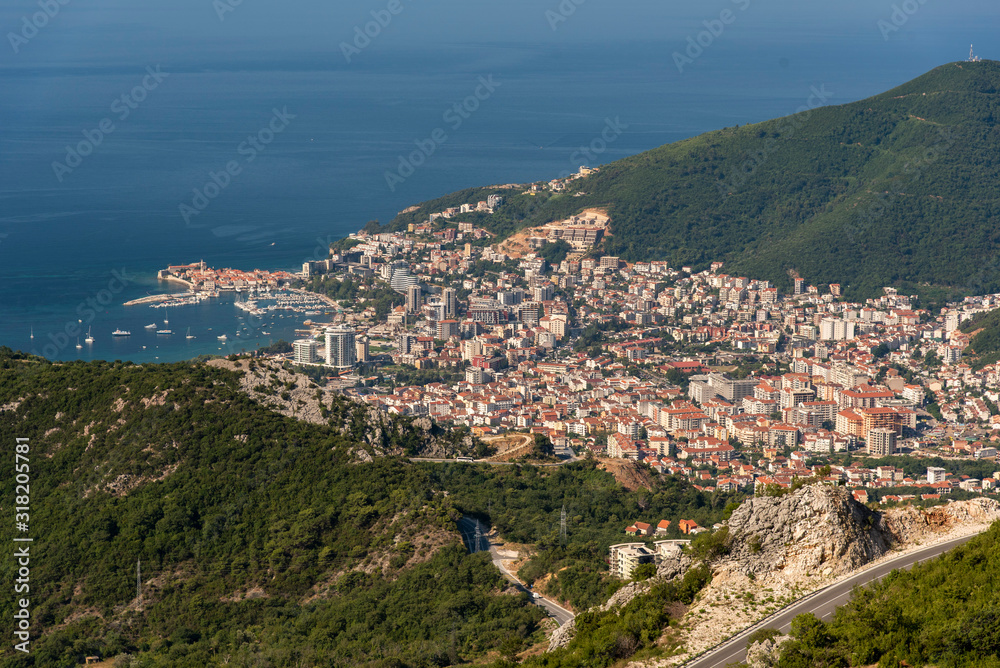 Top View Of The Town Of Budva With High Mountains. Montenegro
