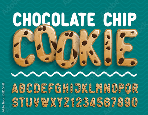 Chocolate Chip Cookie alphabet font. Cartoon cookie letters and numbers. Stock vector illustration for your typography design.