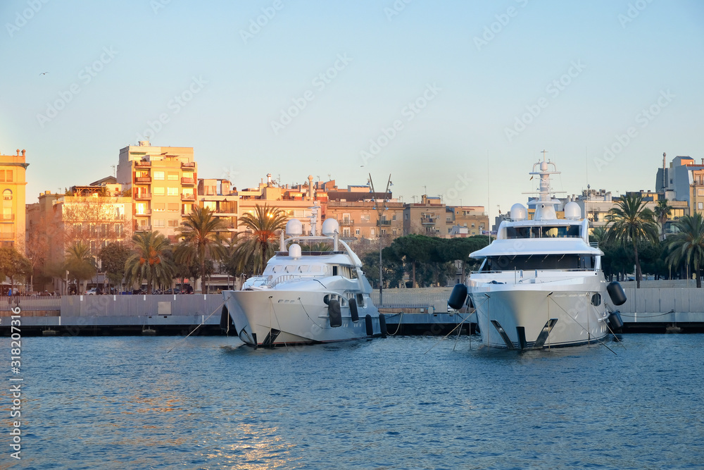 Marine parking of boats and yachts in Spain. Lifestyle, vacation concept.