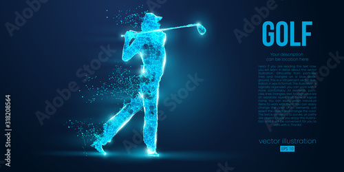 Silhouette of a golf player, golfer from particles on blue background. All elements on a separate layers color can be changed to any other. Low poly neon wire outline geometric. Vector illustration